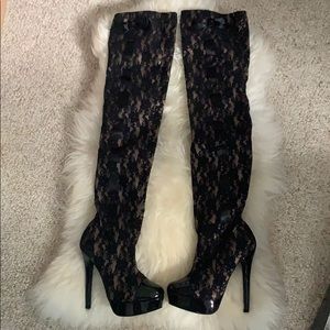 Thigh-high lacey platform stiletto boots Size 6.5